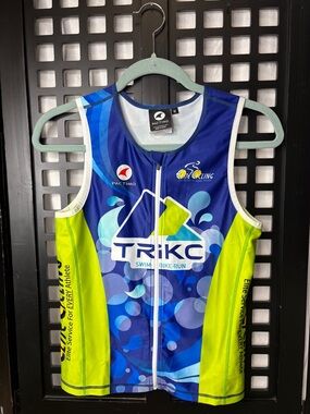 💙 TRI KC Triathlon Singlet Womens Medium Blue Neon Cycling Swim Bike Run Zip 💙